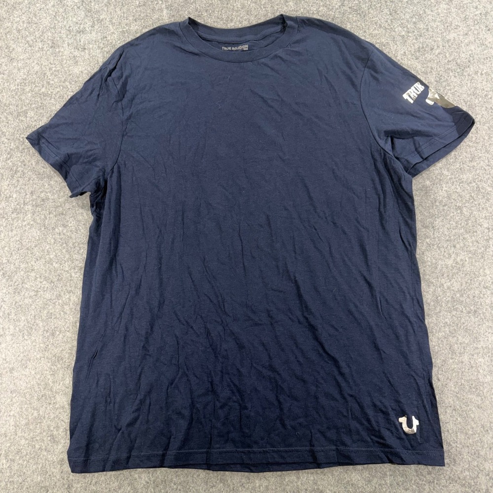 True Religion Mens Navy Blue Short Sleeve Crew Neck Logo T-Shirt Large